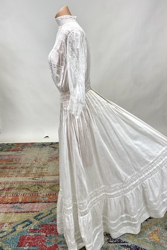 Antique Victorian Edwardian White Cotton Tea Dress Lace Floral Embroidery AS IS - Picture 7 of 17