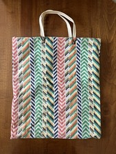 Vintage Aztec 60s 70s Retro Fabric Tote Bag Plastic Handles Canvas Lining