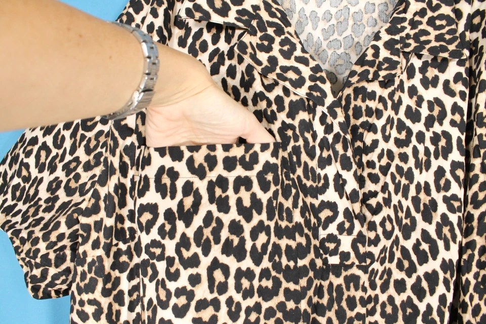 Vestido túnica H&M bege/preto estampa de leopardo gola V bolso SARJA AJUSTE SOLTO tamanho XXL - Imagem 4 de 4