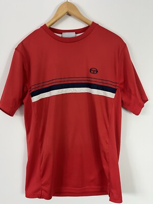Sergio Tacchini Mens Sz Med Polyester T-Shirt Logo Casual Red White Blue top