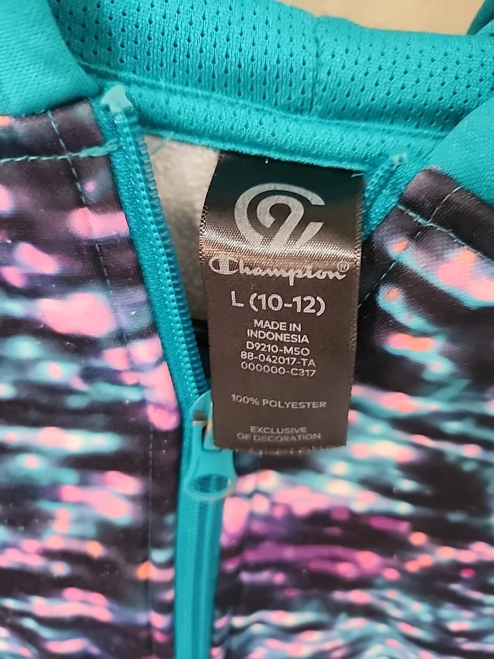 Champion Jacket Girls Size L 10-12 Teal Green Athletic Zip Fleece Hooded EUC - Image 2 of 4