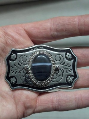 vintage USA made AGATE rock inlay WESTERN belt buckle ENGRAVED gemstone