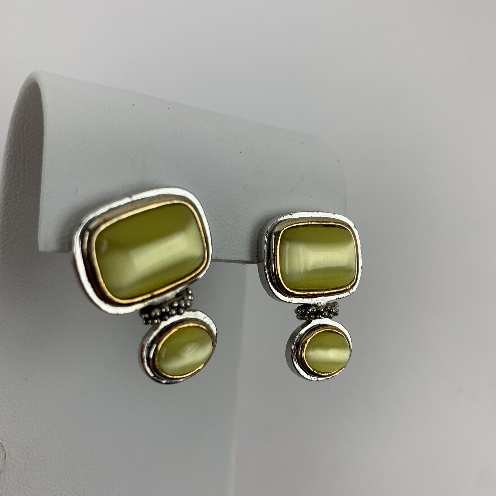 Yellow Catseye Rectangular Earrings Two Tone Gold… - image 4