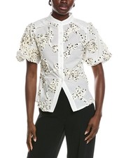 Gracia Front Body Floral Fabric Work Collar Top Women's White S