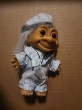 Vintage 5" Blue striped Pajamas and Hat and Bow Troll Doll Russ Berrie  Co.