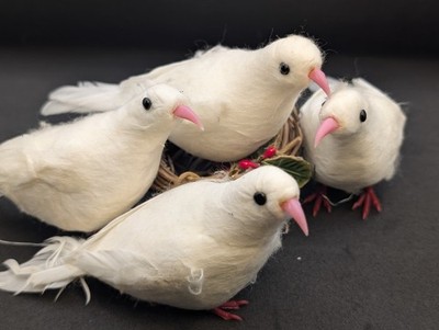 Vintage White Dove Birds Spun Cotton Faux Fur Set of 4 w/ Nest Taiwan ROC Wired