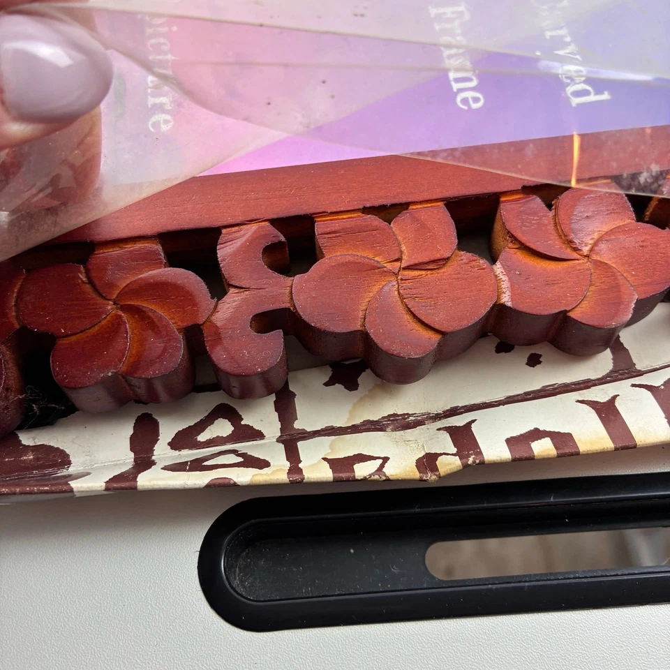 Hawaii Wood Picture Frame Tropical Vacation Memories Hand Carved Plumeria Flower - Image 2 of 4