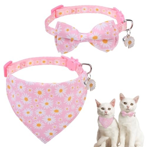 Collare per Gatti con Campanelle, Confezione da 2 Bandane e Fiocco per Gatti Staccabili (Rosa Margherita) - Foto 1 di 6