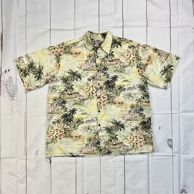 Ron Jon Surf Shop Shirt Mens XL Beige Green Floral Palm Hawaiian 100% Cotton