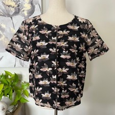 BCNU Floral Burnout Mesh Top Large Black Pink Lotus Sheer Y2K Fairy Whimsigoth