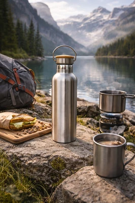 Thermos Inox 750ml – Gris Métal, Bouchon Bambou, Gourde Isotherme Chaud/Froid - Photo 1/4