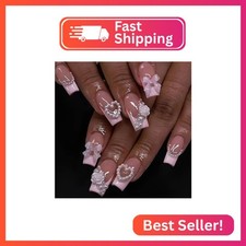 DANMANR Pink Fake Nails Bow False Nails Full Cover Acrylic Square Medium French