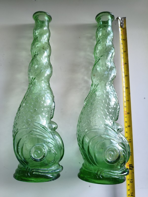 Empoli Verde Green Glass Fish Decanters, 2 Bottles Italy, 13"