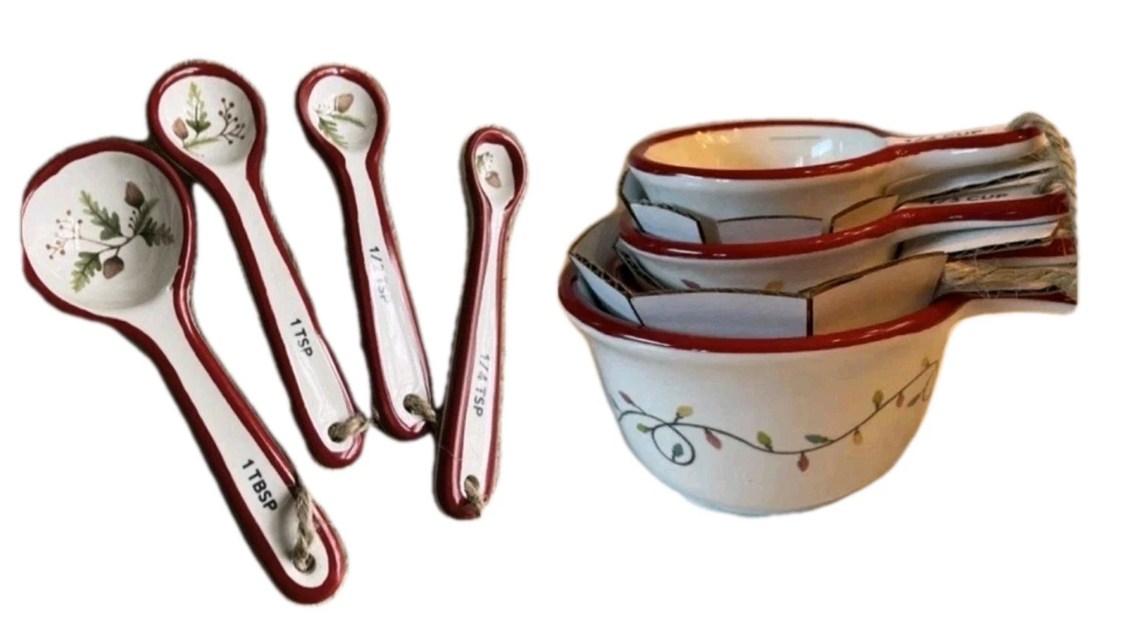 Pottery Barn Forest Gnome Measuring Cups & Spoons 8 Piece Set Stoneware NEW