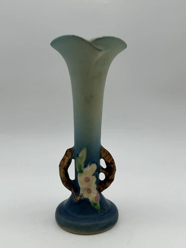 Vtg 1949 Roseville Apple Blossom Blue Art Pottery Bud Vase