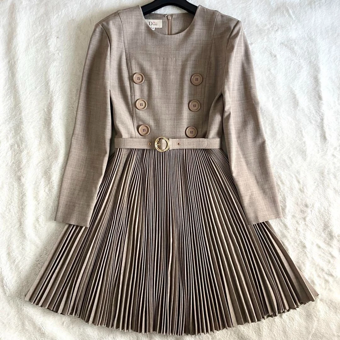 Robe jupe plissée ceinturée manches longues Christian Dior laine vintage M beige 202502M