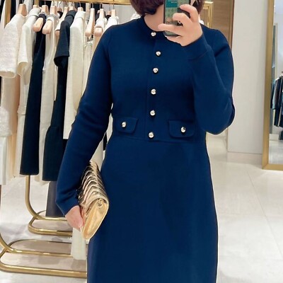 Sandro Women's Crew-neck Long Sleeve French Knit Dress in Dark Blue