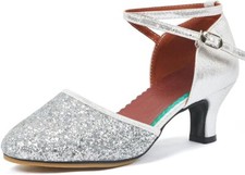 iCKER Womens Silver Glitter Ballroom Heeled Shoes US 7.5
