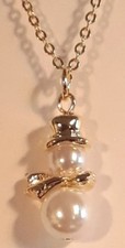 Christmas Snowman 18" Necklace With 2 Faux Pearl Beads in Gold Plate NEW