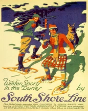 POSTER WINTER SPORTS IN THE DUNES COUPLE DOG SNOW WALKING VINTAGE REPRO FREE S/H