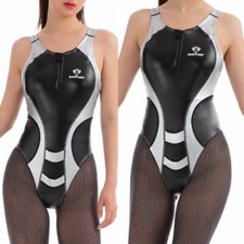Women PU Leather Swimsuits Patchwork Sleeveless High Cut Beach Swimwear Leotards
