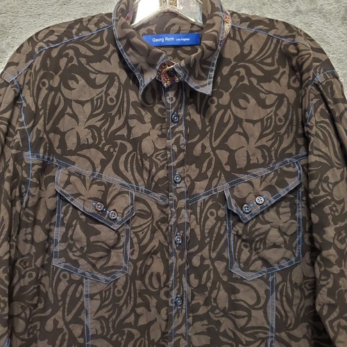 Georg Roth Los Angeles Shirt Mens Large Black Button Cotton Western Floral Sheer - Picture 7 of 21