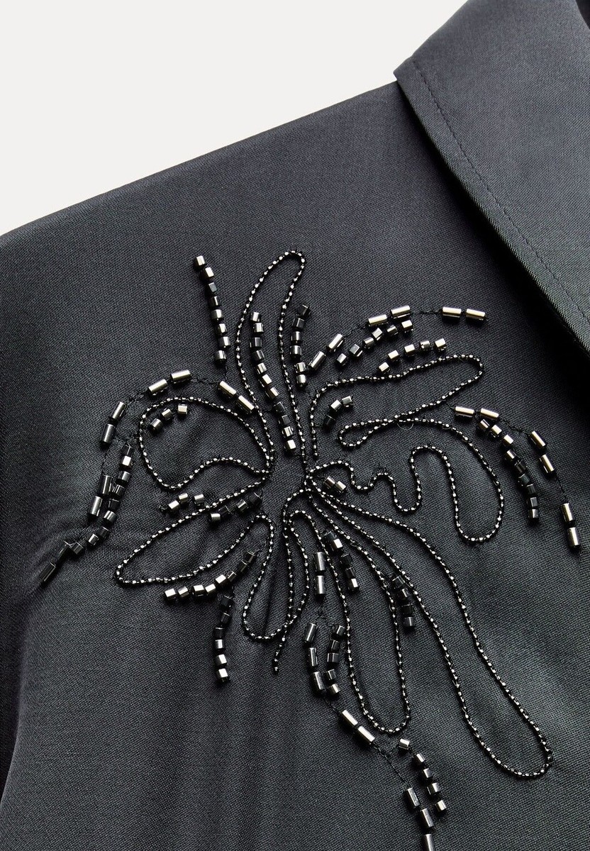 ZARA WOMAN ZW COLLECTION BEADED EMBROIDERY SHIRT ANTHRACITE