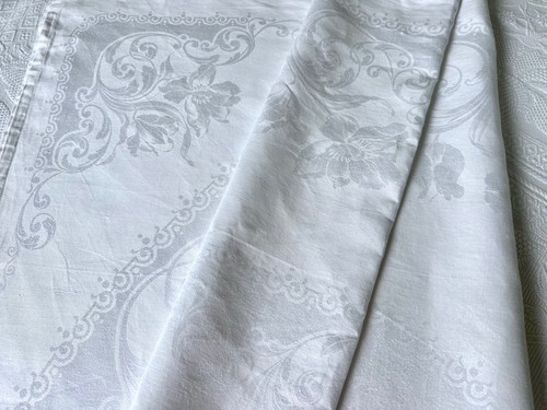 Antique Linen Damask Large Tablecloth Poppies 217cm / 85” - Picture 6 of 14