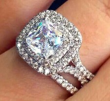 2.42CT Cushion Cut Cubic Zirconia Double Halo Engagement Ring Set In 925 Silver