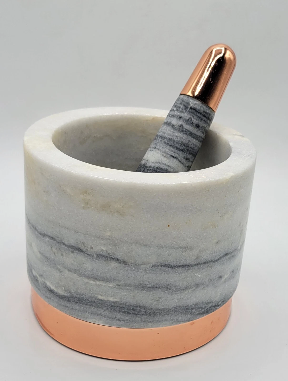 Large Gray Marble Stone Rock and Rose Gold Tone Metal 4" Tall Mortar And Pestle