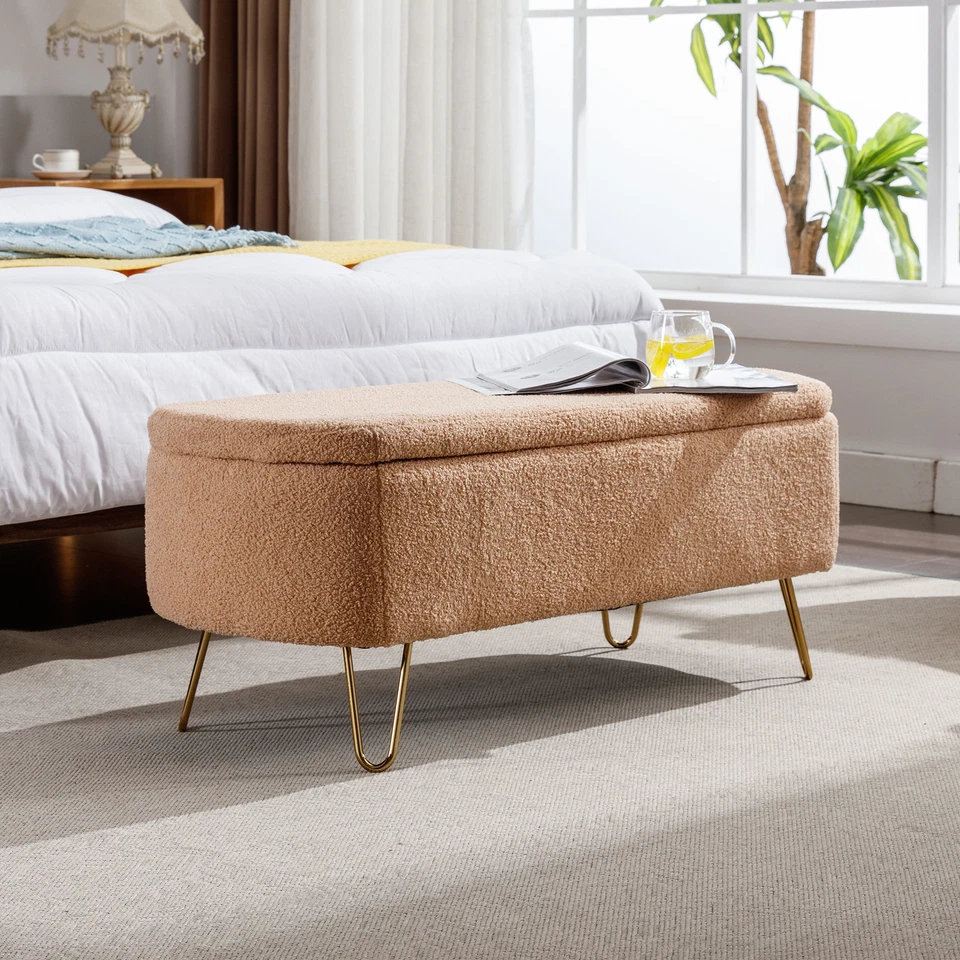 Faux Fur Upholstered Storage Ottoman Entryway Bench End of Bed Metal Legs Camel - Image 2 of 4
