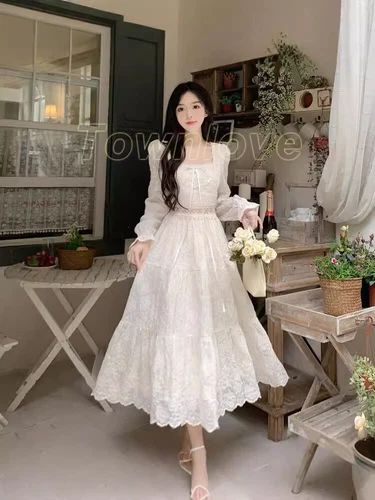 Women Fairy Elegant White Long Sleeve Dresses Lace Dress Vintage Square Collar - Bild 8 von 12