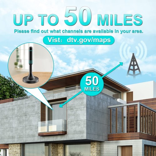 TV-Antenne - Innen Außen Digital HDTV-Antenne mit Magnetfuß, 50+ Meilen... - Bild 3 von 6