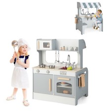 2 in 1 Kids Play Kitchen Restaurant Double Sided Wooden Kitchen Playset Toddler