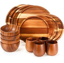 16PCS Acacia Wood Dinnerware Set Round Wooden 