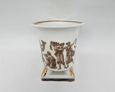 Vintage Greco Roman Figural Porcelain Footed Vase Urn Gold Trim White Mini