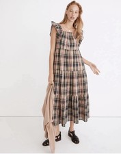 Madewell brown plaid tiered cotton midi dress / - XS