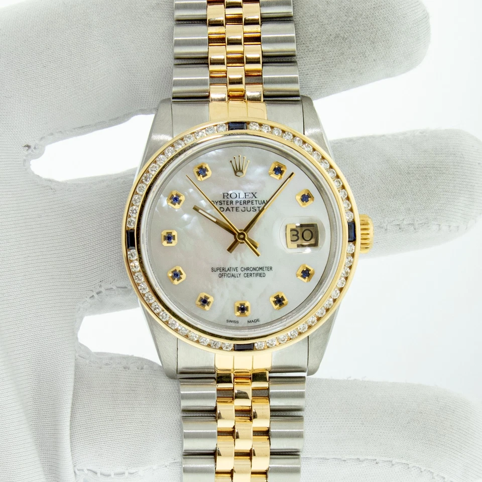 RELOJ ROLEX DATEJUST 2 TONOS QUICKSET ORO AMARILLO 18K DIAMANTE ZAFIRO BISEL PARA HOMBRES Foto 3 de 4