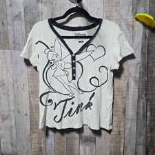 Disney Tinker Bell Vintage Y2K Cream Black Waffle Knit Graphic Tee Medium Kidcor