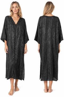 NATORI Black Python Snake Jacquard Zip Caftan Maxi Night-Gown Dress M = 8/10