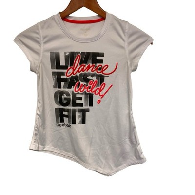 Reebok Juniors Sz M Active Wear Shirt White   Live Fast Get Fit Dance Wild! 