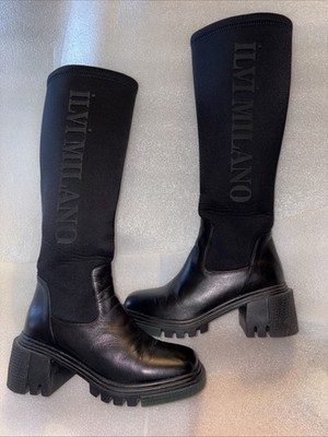 iLvi Milano Women s Black Knee- High Calf Leather With Neoprene Boots Size 37