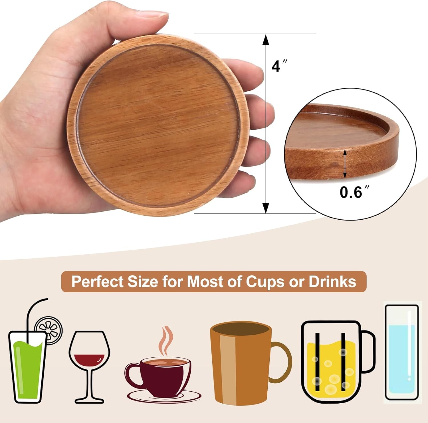 6 Pcs Best Wooden Coasters with Holder Coffee Table Decor Acacia Wood 