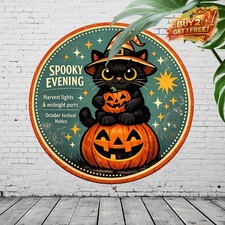 Halloween Cat and Pumpkin Round Aluminum Metal Tin Sign