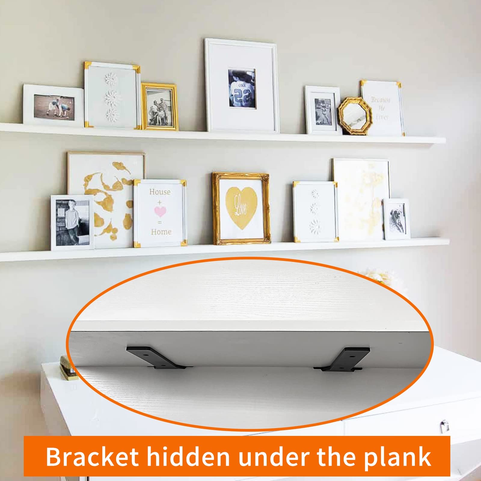 6" Heavy Duty Floating Shelf Brackets, Black Metal L Brackets, 6 Pack