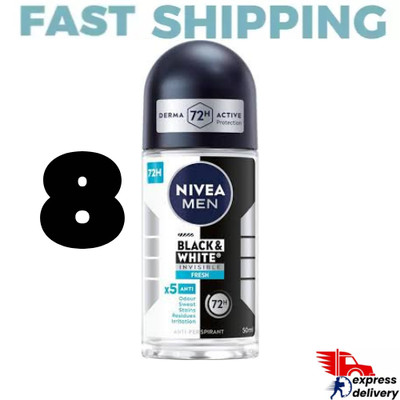 8X NIVEA MEN Black & White Invisible Fresh Anti-Perspirant Roll-On 50ml 72 H