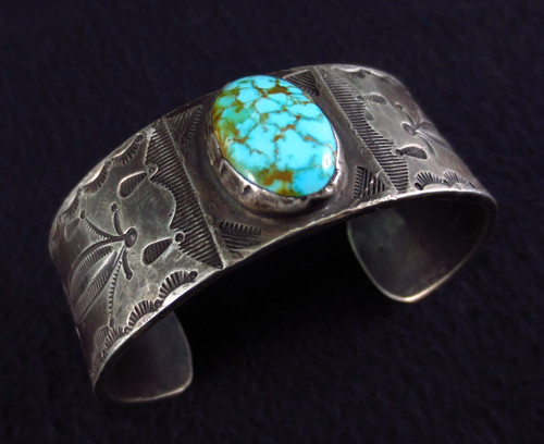 Native American Antique Navajo Ingot Bracelet Coin Silver & Turquoise 3.4 oz.
