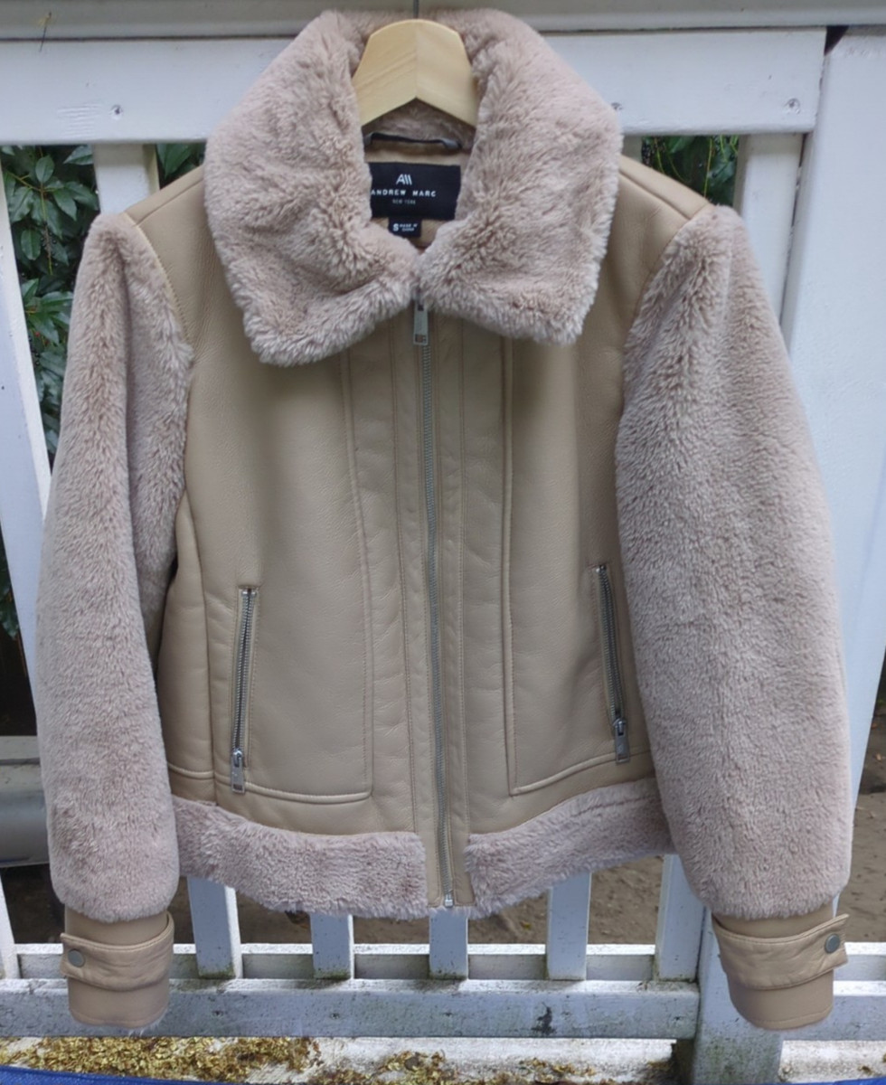 Andrew Marc Women's Beige Vellica Pebbled Faux Shearling Moto Jacket - Size S