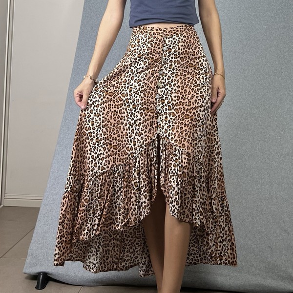 Iris Maxi Skirt Womens 16 Brown Leopard Animal Print Tiered Hi Low Boho Bohemian