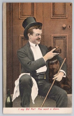 Comic Postkarte ''Ich sage alter Kumpel! You want a shave' Mann und Hund H.G. Allen Leeds